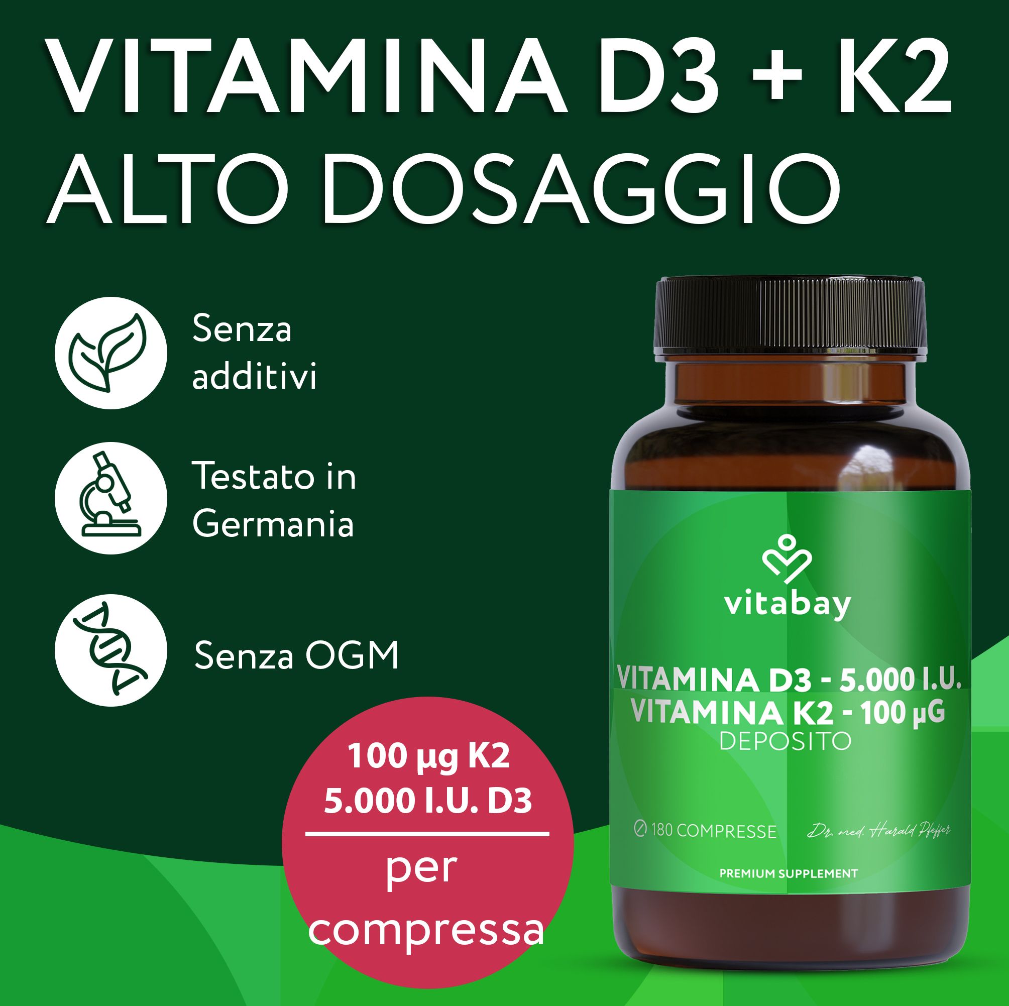 Flacone Vitabay Vitamina D3 K2. "Alto dosaggio". Senza additivi, testato in Germania, senza OGM.