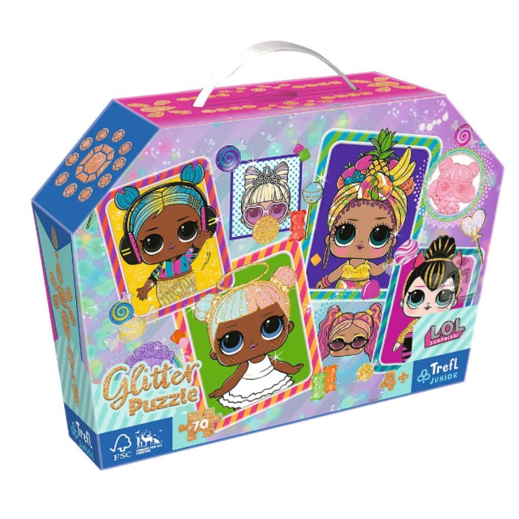 Puzzle in valigetta con motivi di bambole. Scritta: Glitter Puzzle, 70 pezzi, LOL Surprise, Trefl Junior. Valigetta con manico ed etichetta FSC.