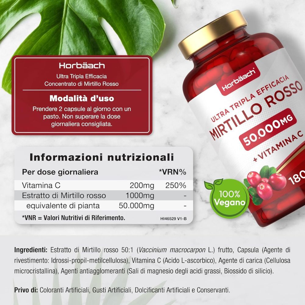Capsule rosse in bottiglia. Scritta: Mirtillo Rosso 50.000mg + Vitamina C. 180 capsule. GMP.