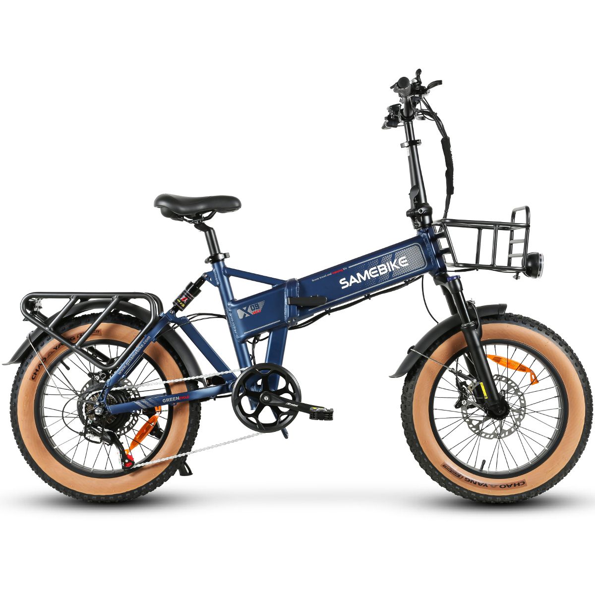 Bicicletta elettrica SAMEBIKE XWLX09-II blu. Cestino anteriore, portapacchi. Pneumatici marroni. 7 velocità.
