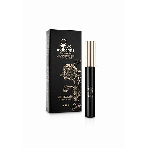 Scatola nera e flacone. Scritta: Bijoux Indiscrets, Cream Enhancer Balm for Her, Aphrodisia, the secret recipe.