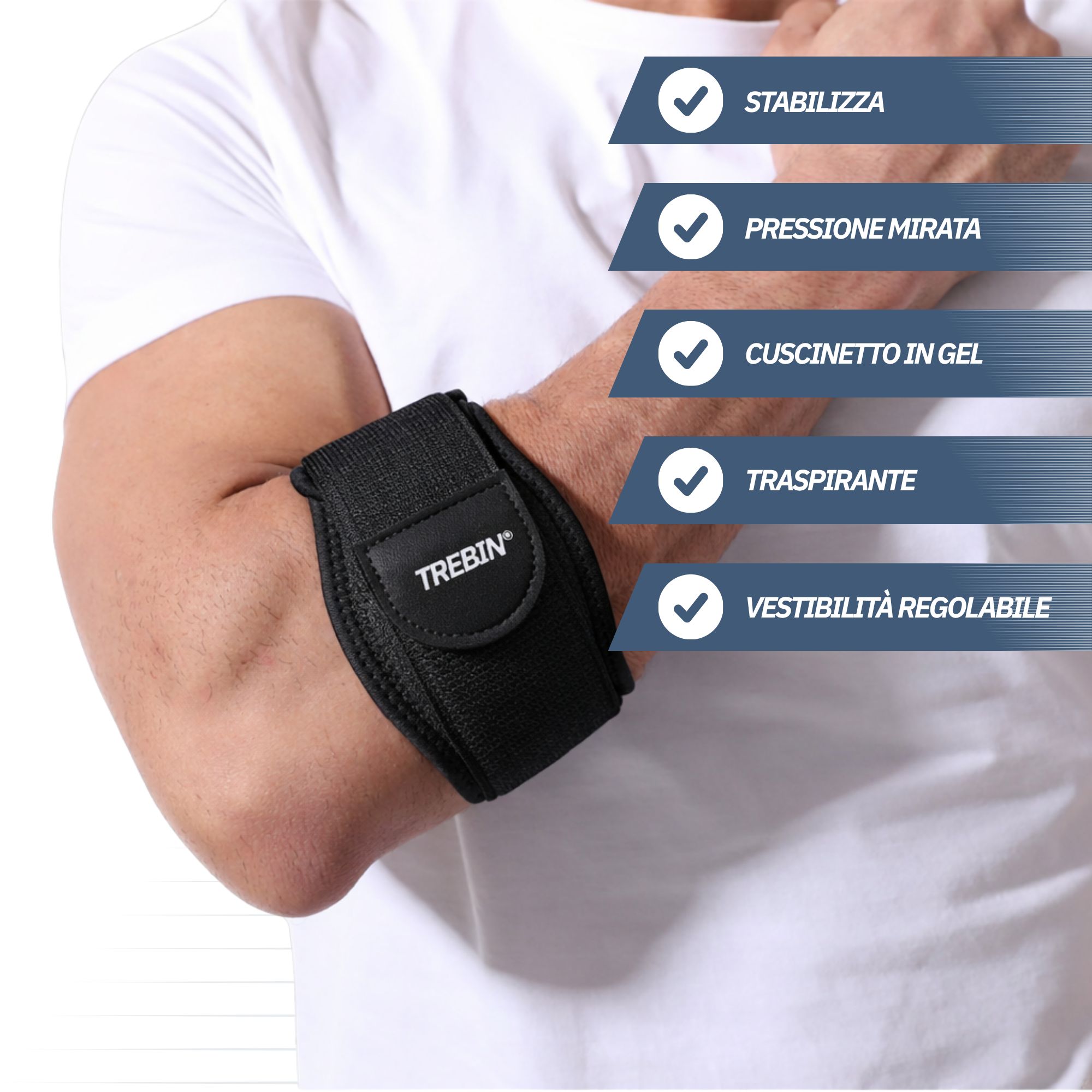 Protezione nera per gomito con velcro, imbottitura in gel e materiale traspirante. Marca TREBIN.