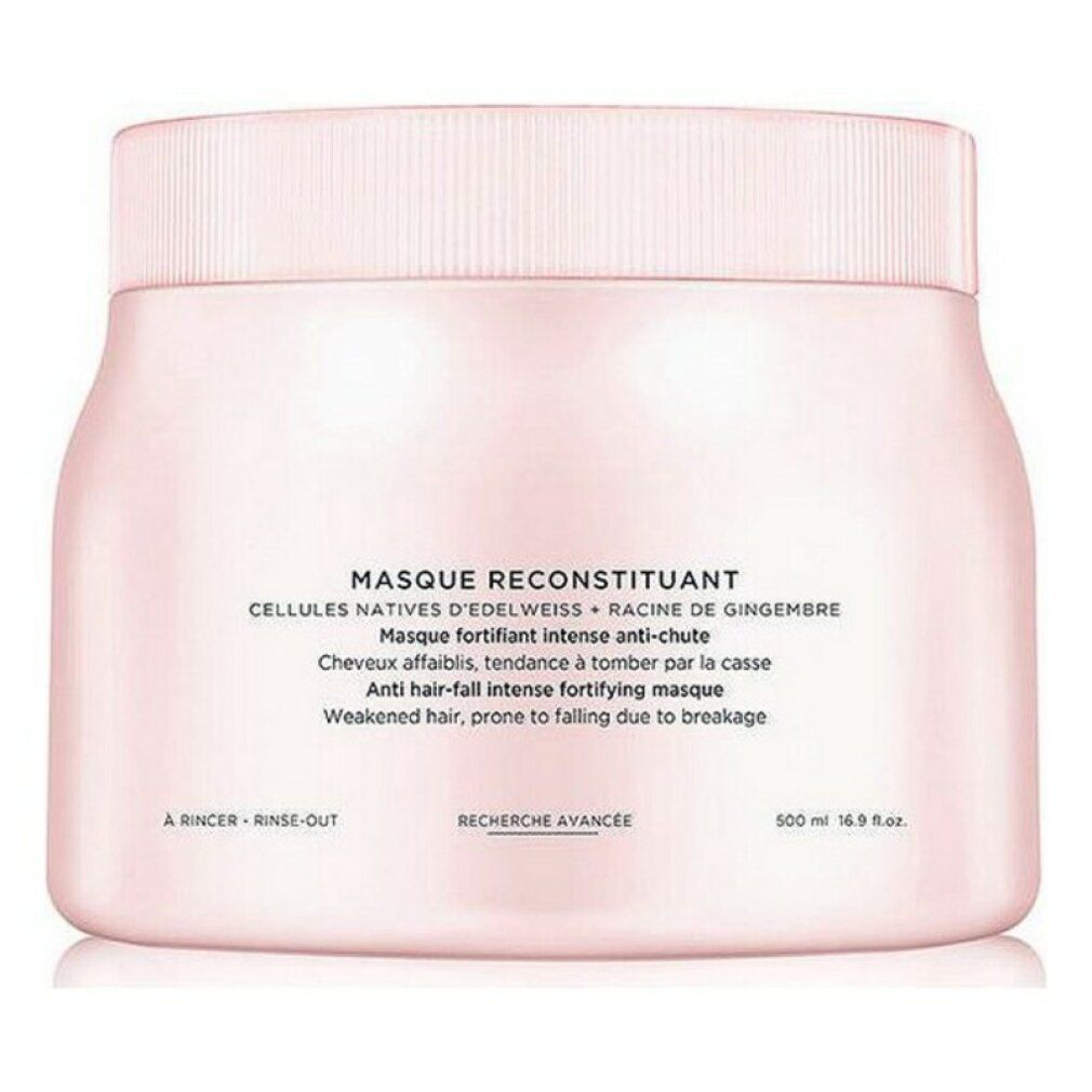 Vaso rosa con coperchio. Testo: Masque Reconstituant, Anti-caduta, 500ml. Vista posteriore.