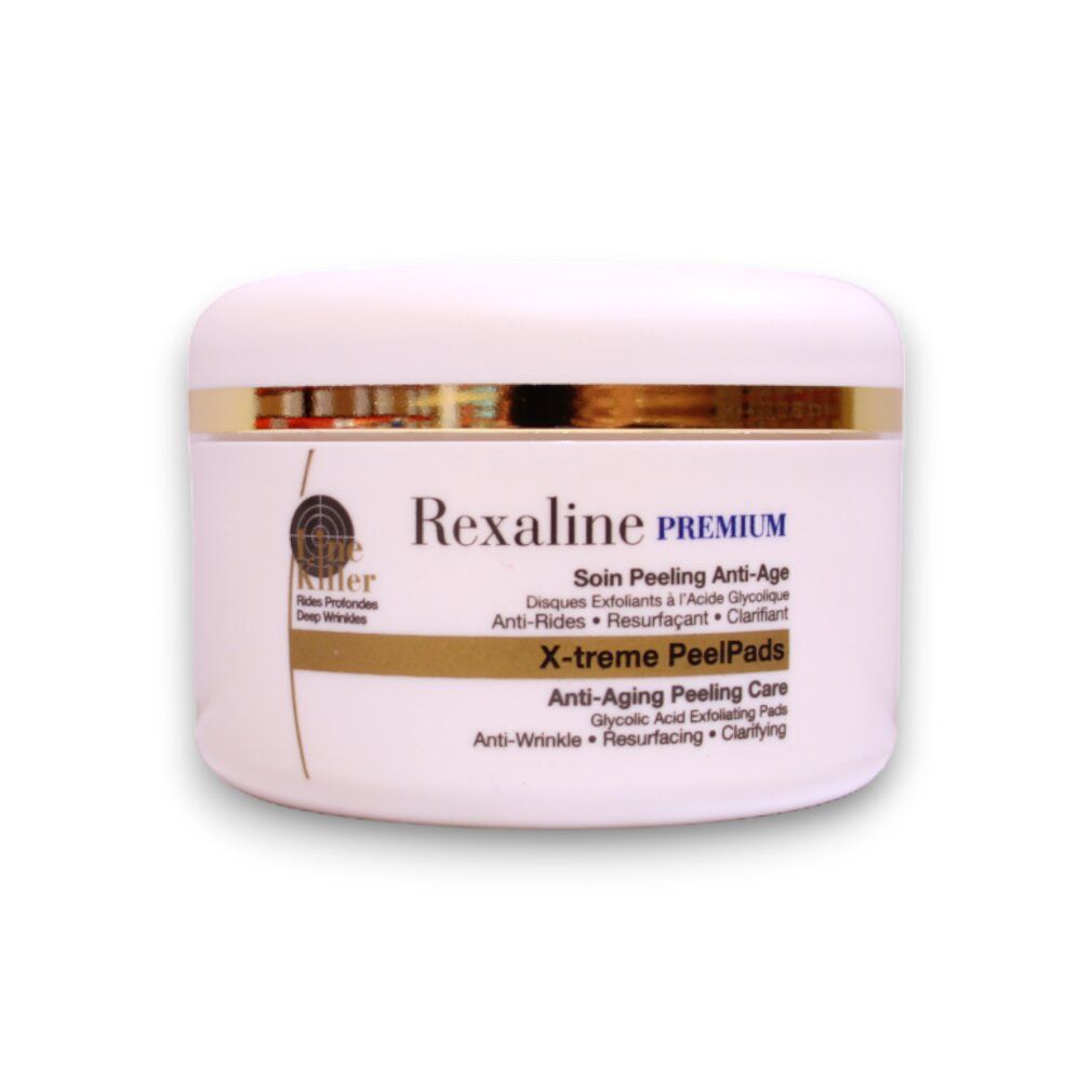 Vaso bianco con fascia dorata. Scritta: Rexaline PREMIUM, X-treme PeelPads, Anti-Aging Peeling Care.