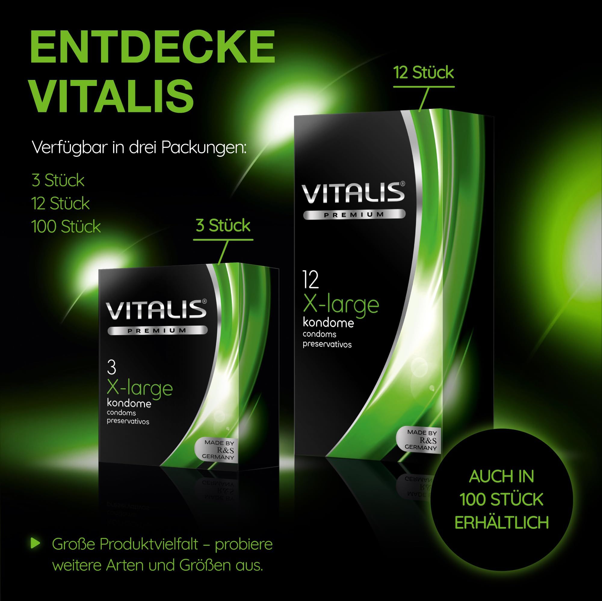 Preservativi Vitalis: Disponibili in confezioni da 3, 12 e 100 pezzi.