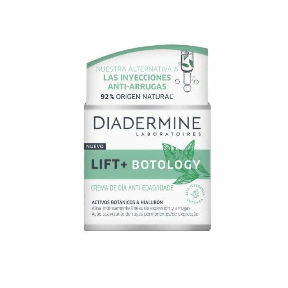 Crema giorno Diadermine Lift Botology. Confezione bianca e verde. Testo: Anti-rughe, 92% origine naturale, Lift+ Botology.