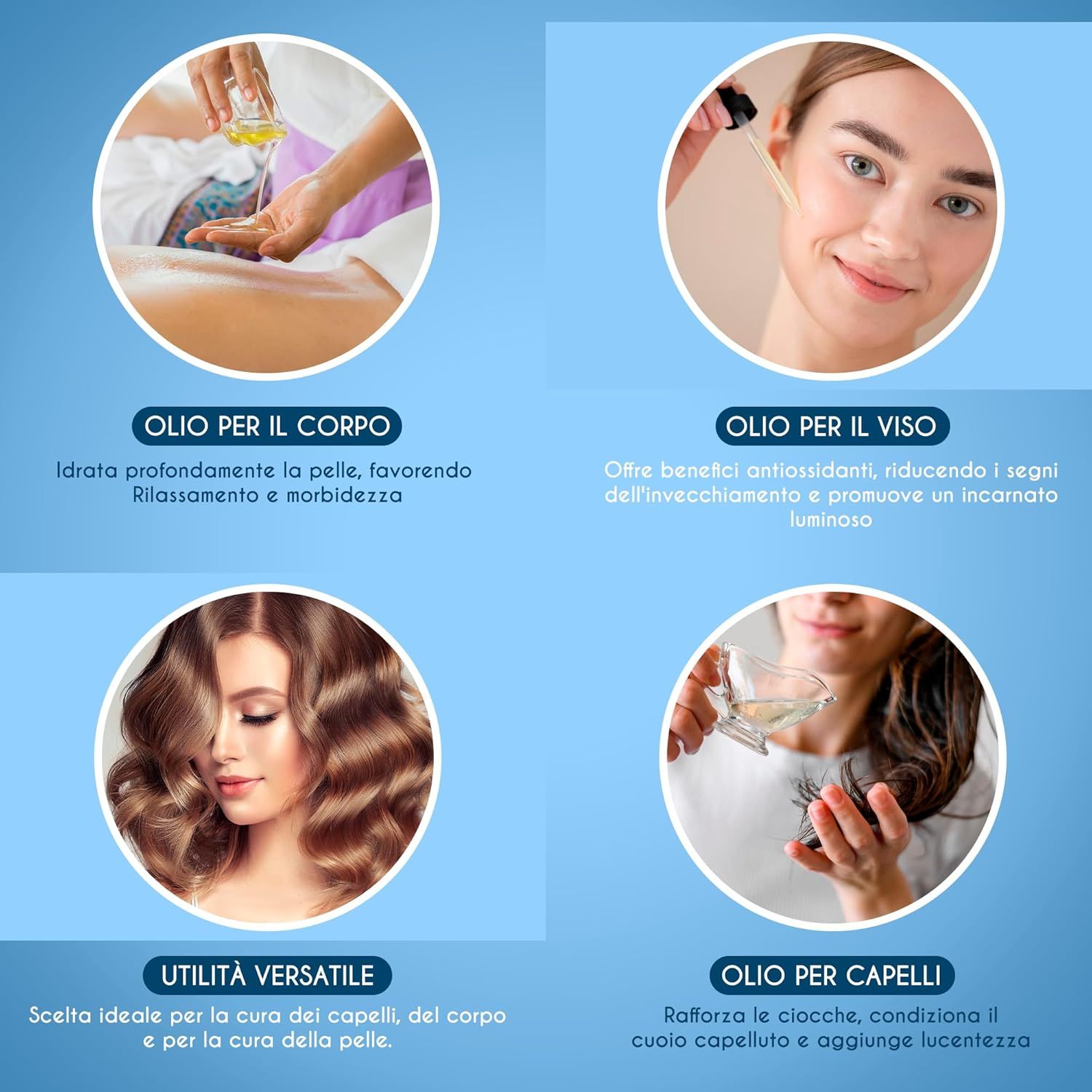 Quattro immagini: Olio per il corpo, olio per il viso, versatile, olio per capelli. Tutti con olio di vitamina E. Sfondo blu.