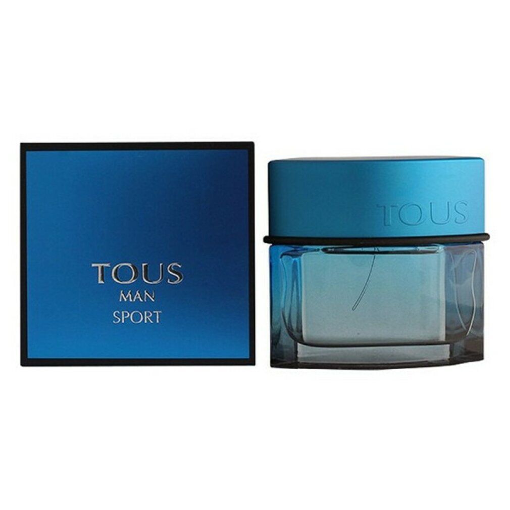 Flacone spray di eau de toilette blu con tappo blu e confezione nera. Sulla confezione è scritto "TOUS MAN SPORT".