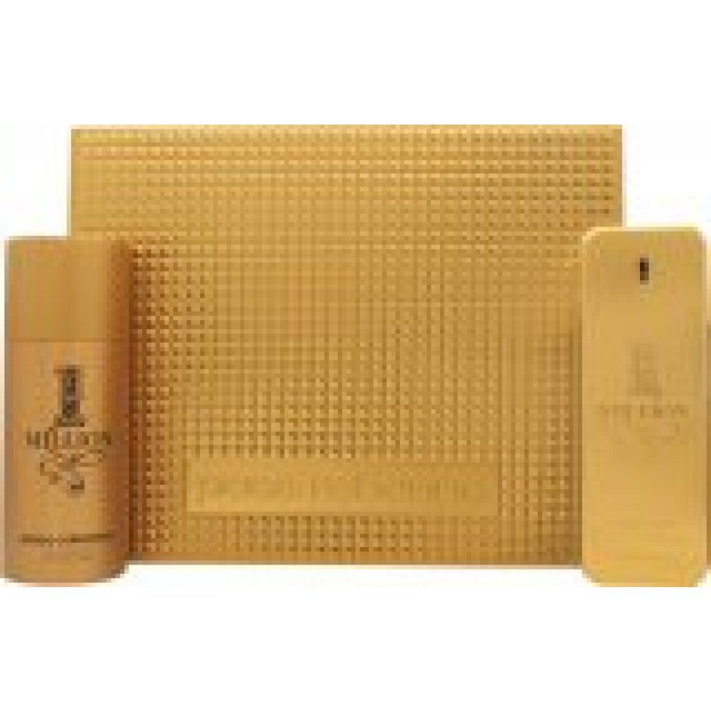 Set regalo dorato con deodorante, scatola rettangolare e flacone. Scritte "1 Million" e "paco rabanne".