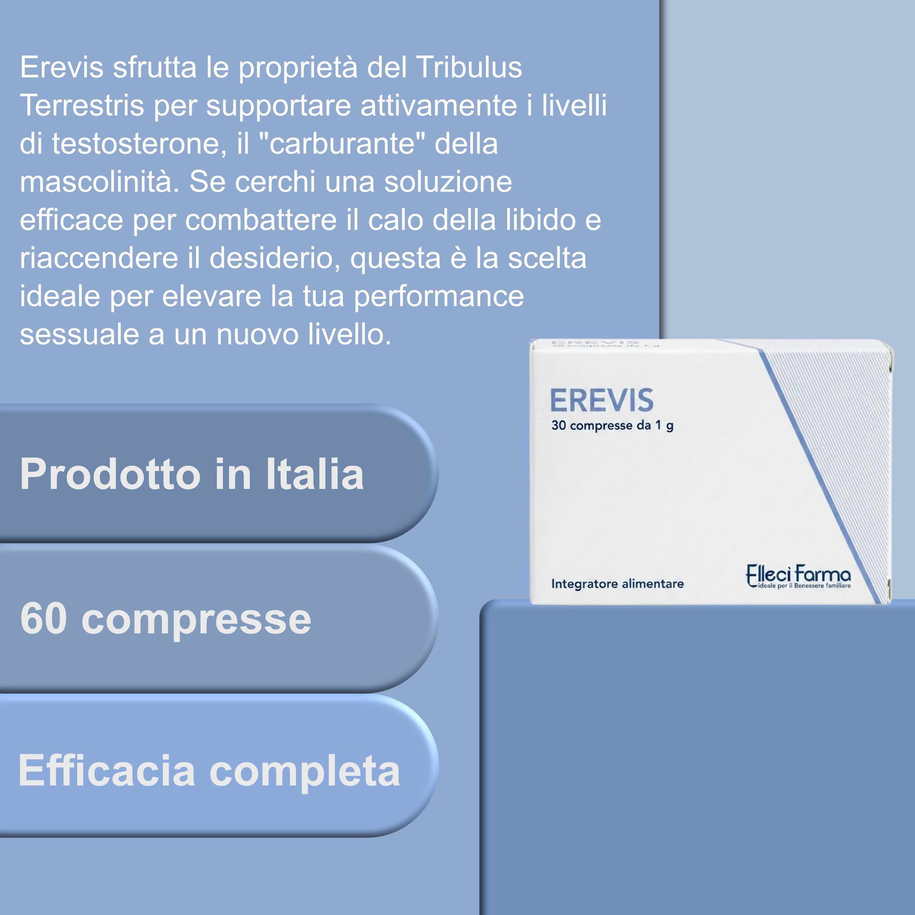 Scatola bianca "Erevis" con testo. Testo: "Prodotto in Italia", "60 compresse", "Efficacia completa".