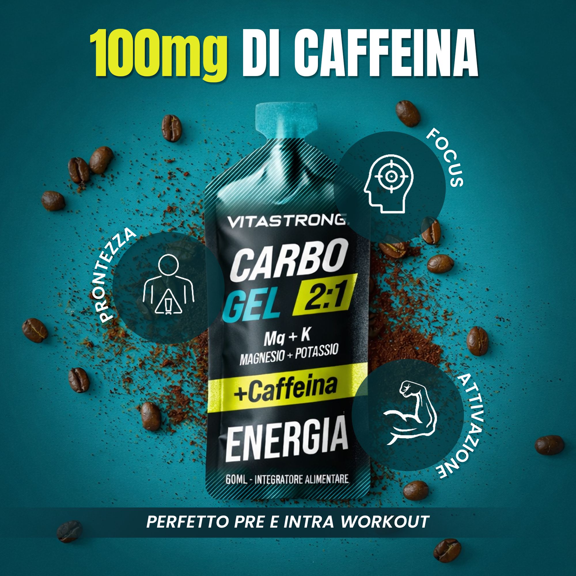 Vitastrong Carbo Gel 2:1 + Koffein. Confezione gel. Testo: Carbo Gel 2:1, Mg + K, Magnesio + Potassio + Caffeina, Energia. Chicchi di caffè, simboli.