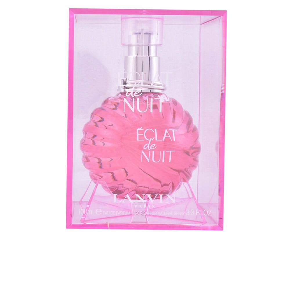 Flacone rosa con vaporizzatore argentato in confezione trasparente rosa. Scritta "Eclat de Nuit" e "Lanvin".