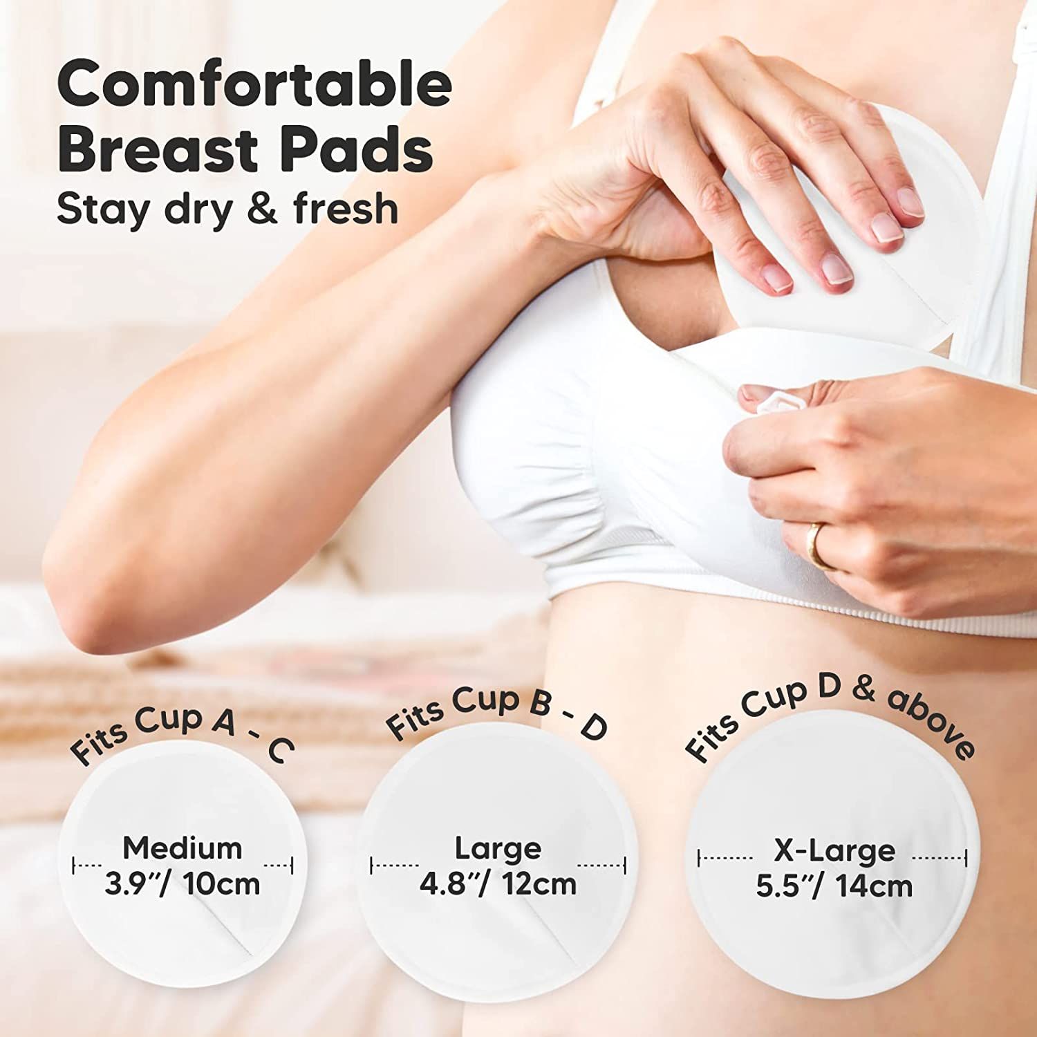 Tre misure di coppette assorbilatte. Medium: 3,9"/10cm, Large: 4,8"/12cm, X-Large: 5,5"/14cm. Scritta: Fits Cup A-C, B-D, D & above.