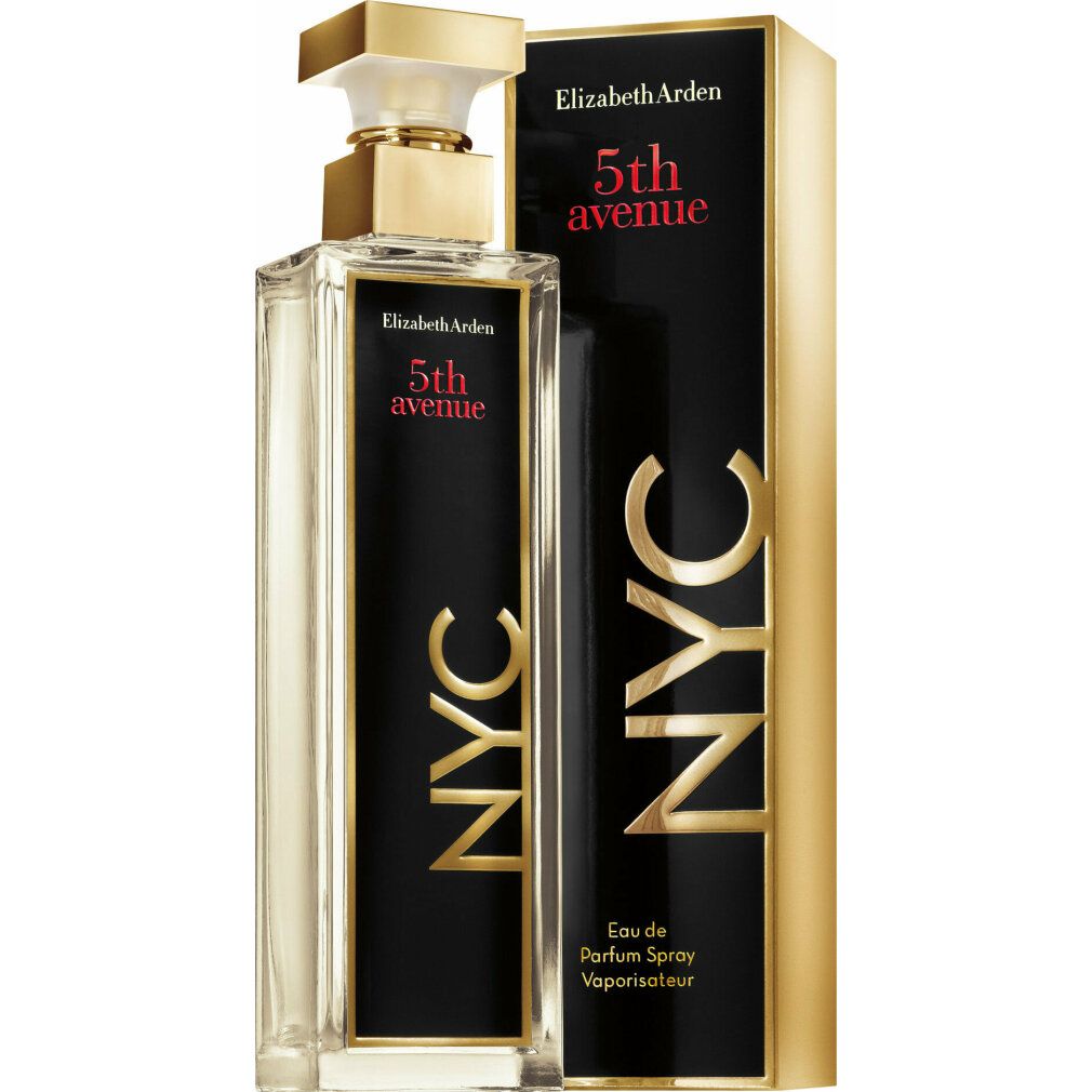 Flacone e scatola Elizabeth Arden 5th Avenue NYC. Scatola nera con scritta dorata. Flacone con tappo dorato.
