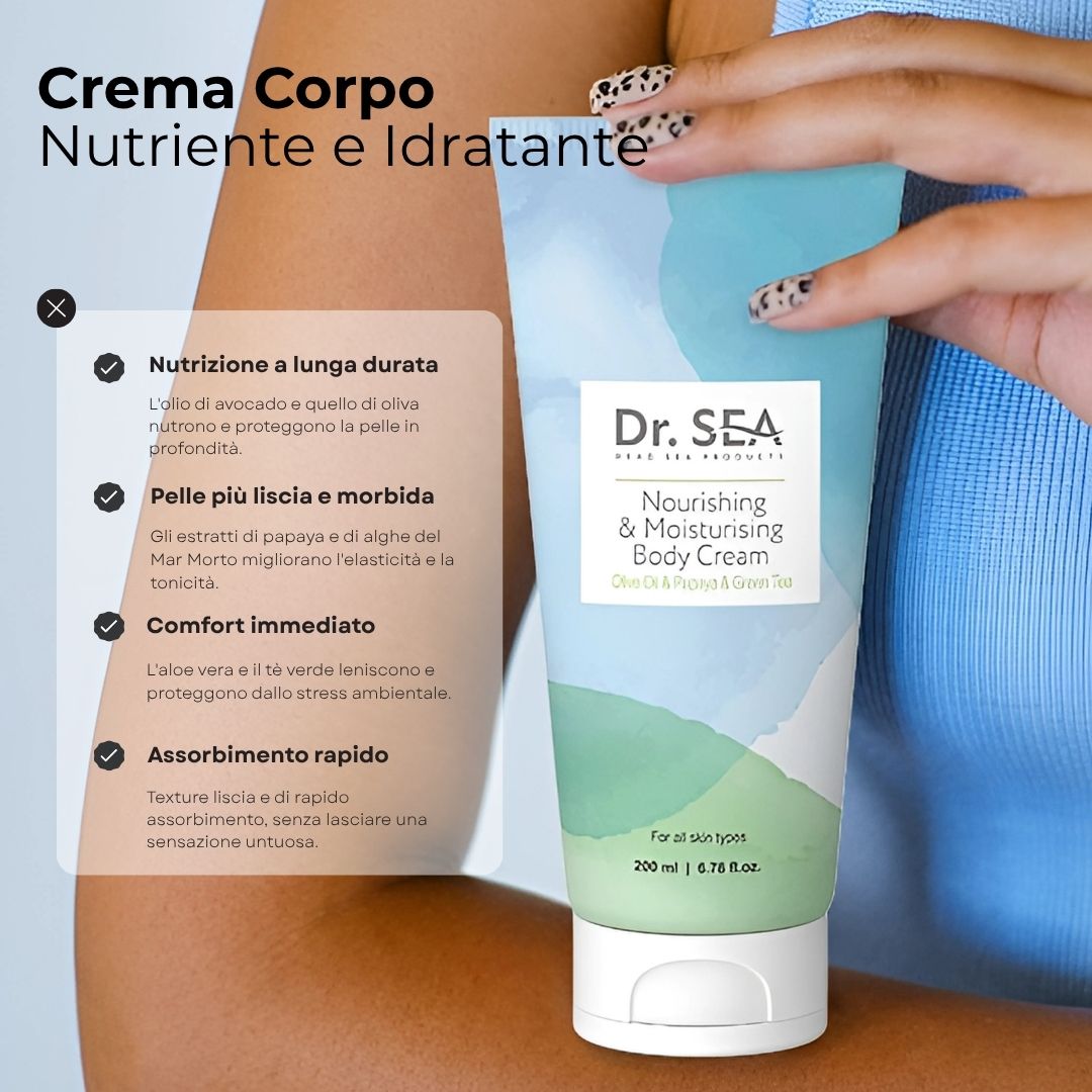 Tubo di crema con testo. Donna che tiene il tubo. Testo: « Nourishing & Moisturising Body Cream ». Ingredienti: avocado, olio d'oliva, papaya, tè verde.