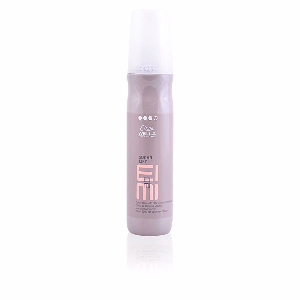 Flacone spray per capelli con erogatore bianco. Scritta: Wella Eimi Sugar Lift. Colori rosa e grigio.