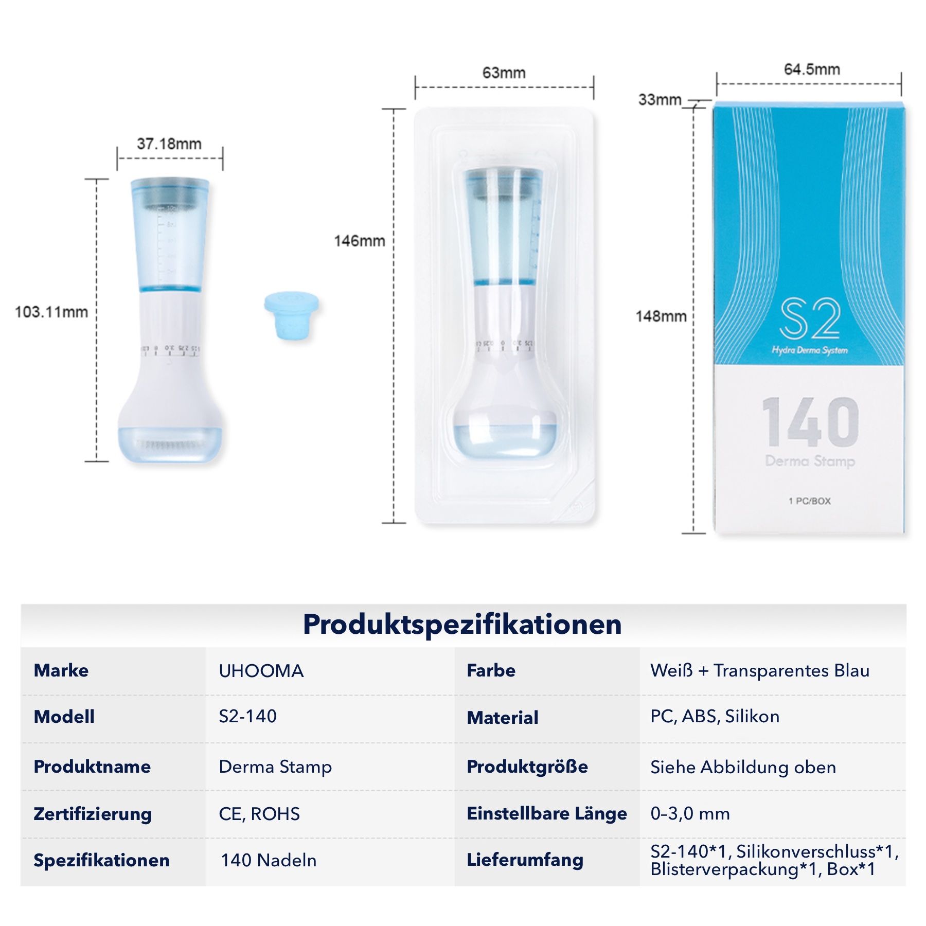 Informazioni sul prodotto: Marchio UHOOMA, Modello S2-140, Dermastamp. Dimensioni, materiale, certificazione CE, RoHS.