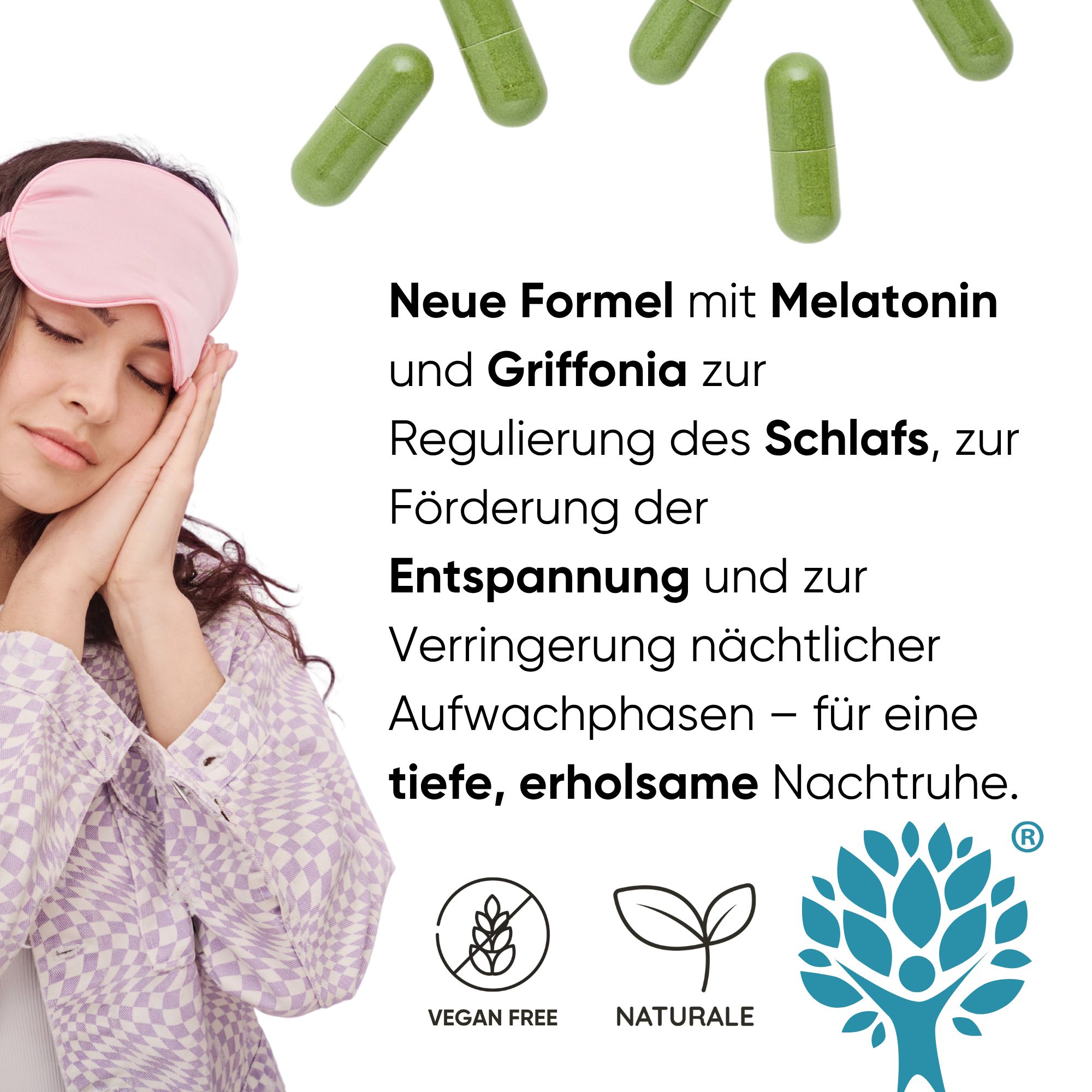 Donna con mascherina per dormire e capsule verdi. Nuova formula con melatonina e griffonia per regolare il sonno.