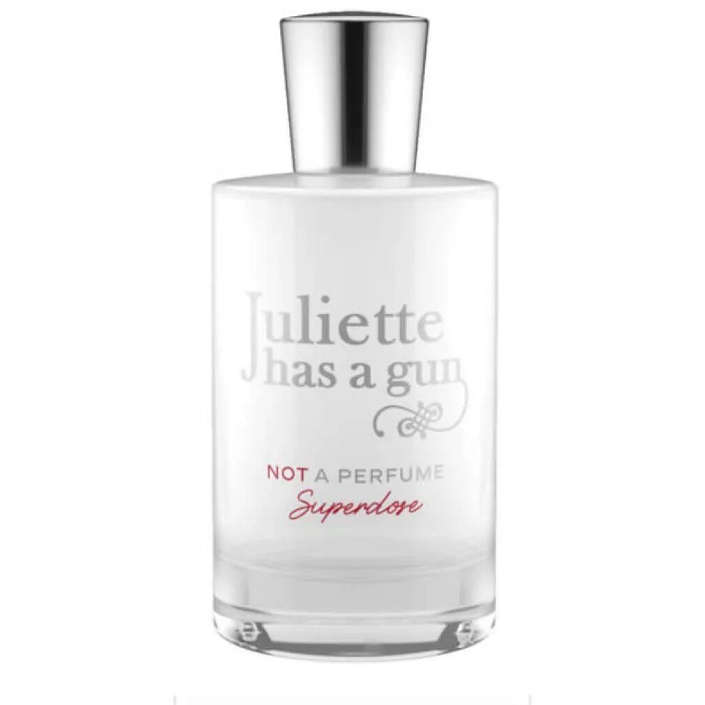 Flacone trasparente con tappo argentato. Scritta: Juliette has a gun, Not a Perfume Superdose.