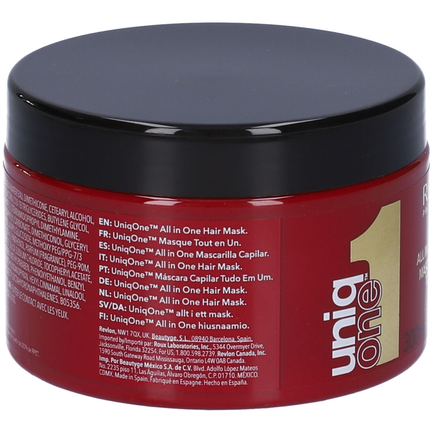 Barattolo rosso con coperchio nero. Scritta: Revlon Uniq One All in One Hair Mask. Testo sul retro.