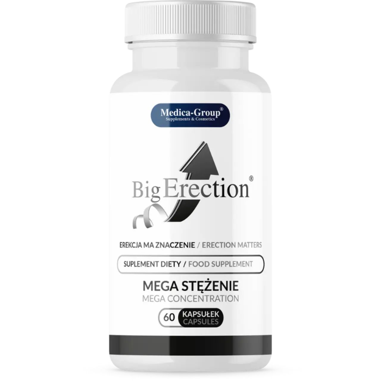 Flacone di capsule bianco. Scritta "Big Erection", "Mega Concentrazione". 60 capsule. Logo Medica-Group. Grafica freccia.
