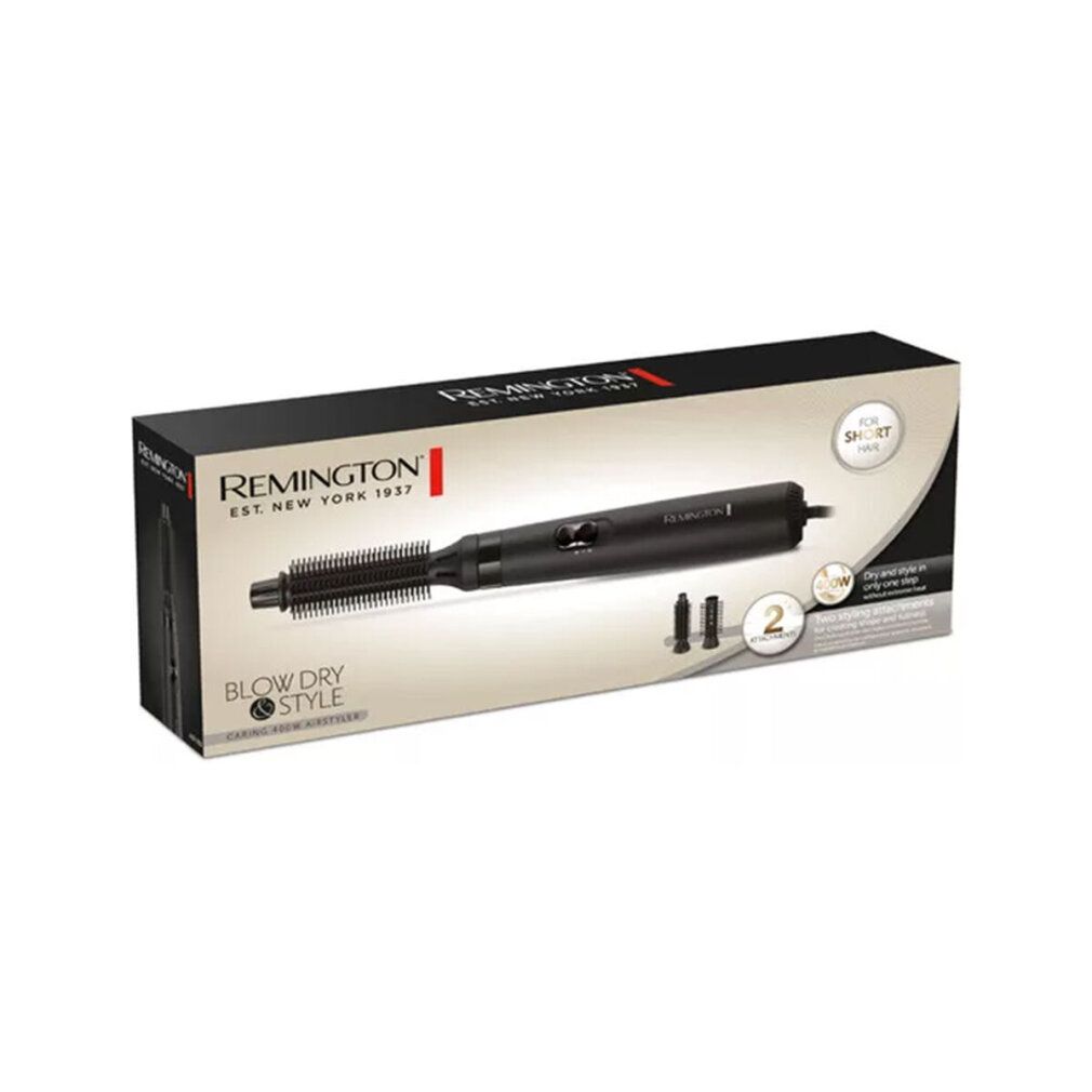 Confezione dello styler per capelli. Scatola nera con logo Remington.