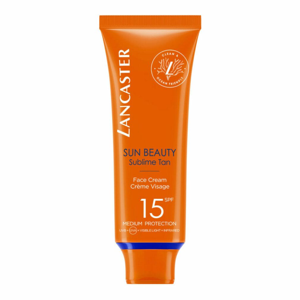 Tubo arancione con testo bianco. Lancaster Sun Beauty, SPF 15. Crema viso. Ocean Friendly.