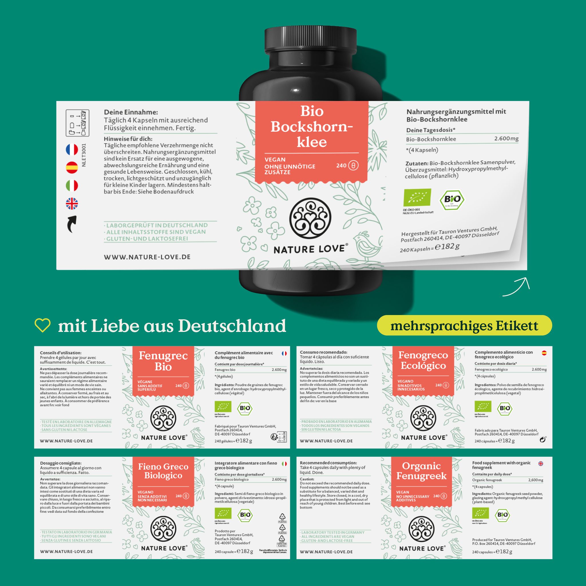 Etichetta multilingue con informazioni su Bio Bockshornklee. Contiene informazioni in tedesco, italiano, olandese, francese e inglese. Marchio: NATURE LOVE®.