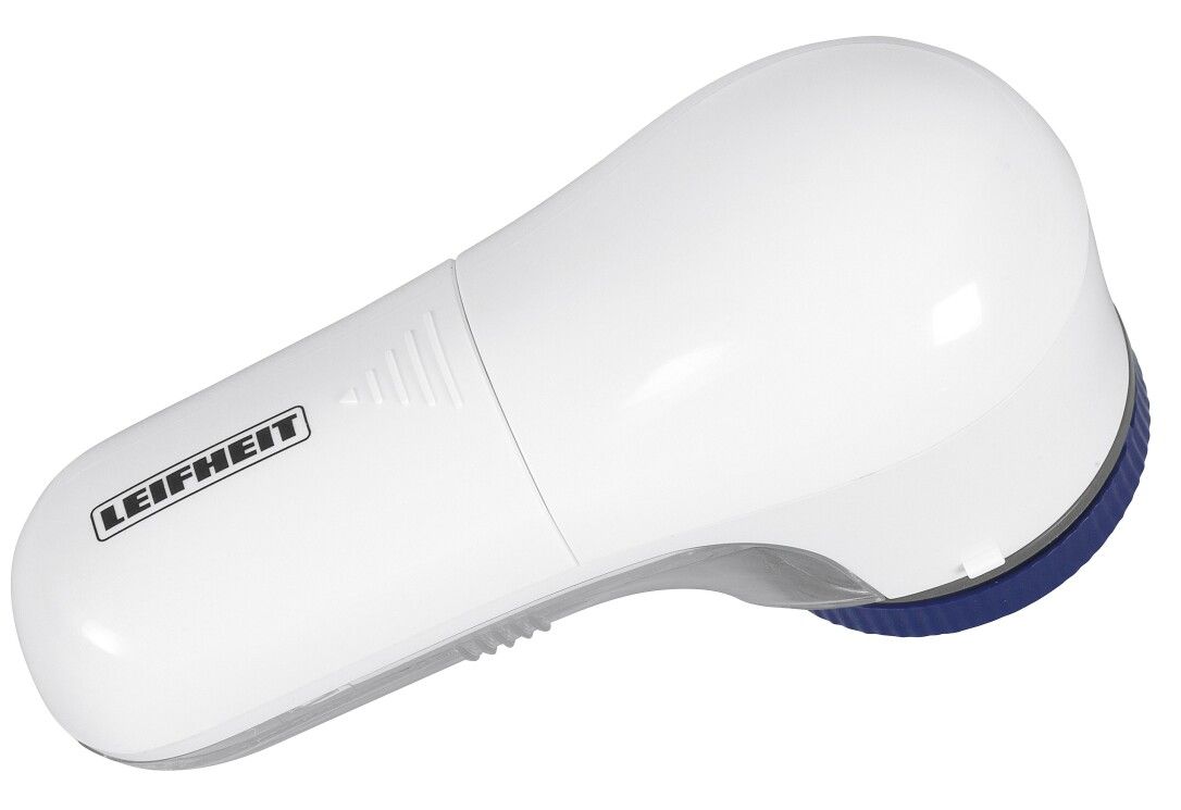 Rasatura elettrica per pelucchi, bianca. Logo LEIFHEIT. Anello blu.