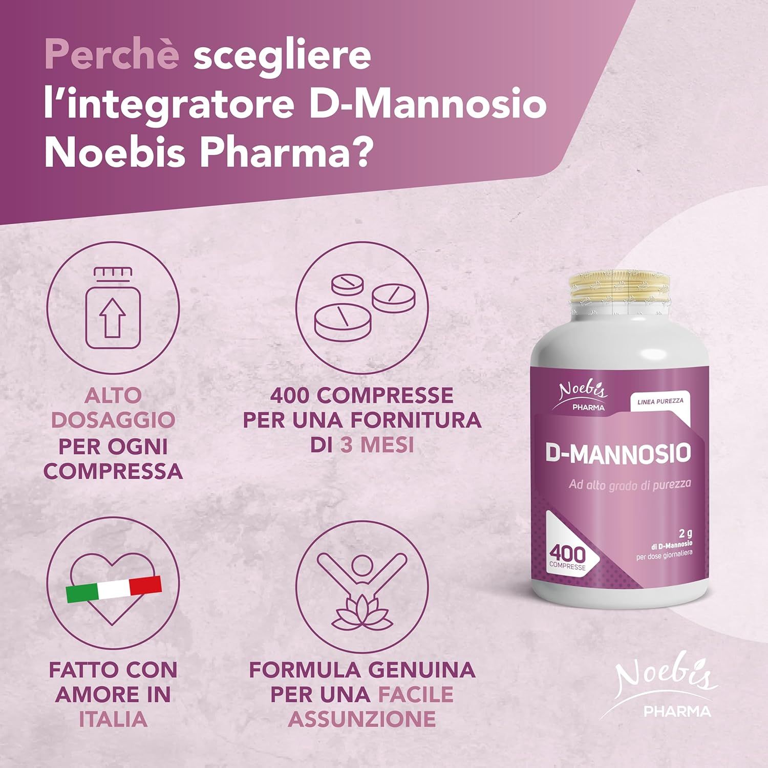 Infografica D-Mannosio Noebis Pharma: alto dosaggio, 400 compresse per 3 mesi, fatto in Italia.