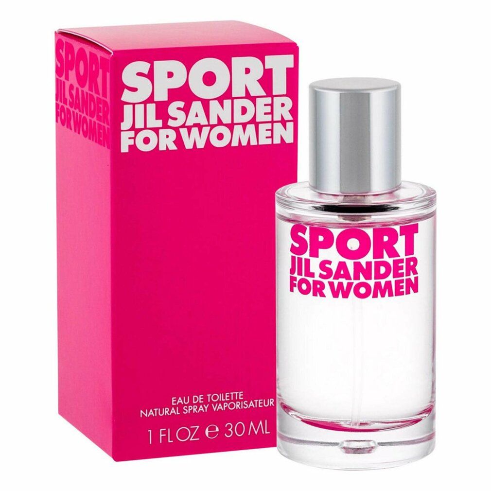 Confezione rosa e flacone in vetro. Scritta SPORT JIL SANDER FOR WOMEN. Flacone con tappo argentato. Testo: Eau de Toilette.