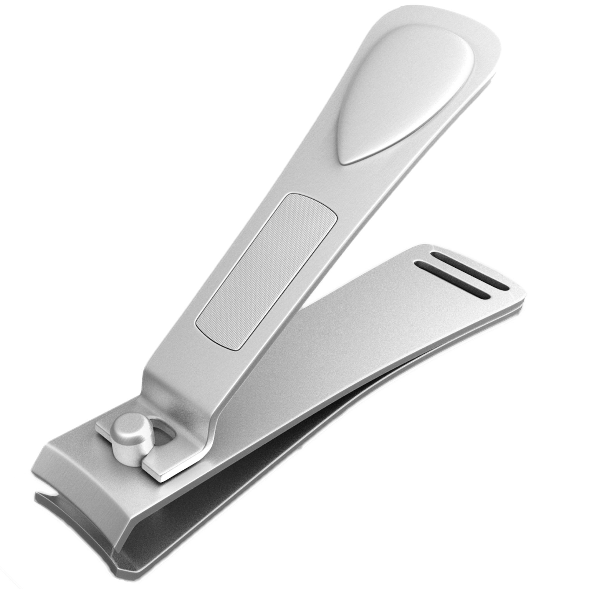 Tagliaunghie in acciaio inox. Argentato, con leva e lama. Su sfondo bianco.