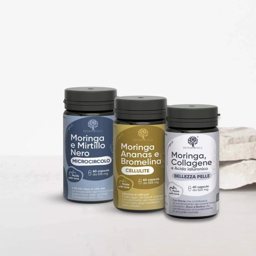 Tre flaconi di capsule. Testo: Moringa e Mirtillo Nero, Moringa, Collagene, Moringa Ananas e Bromelina, RedMoringa.