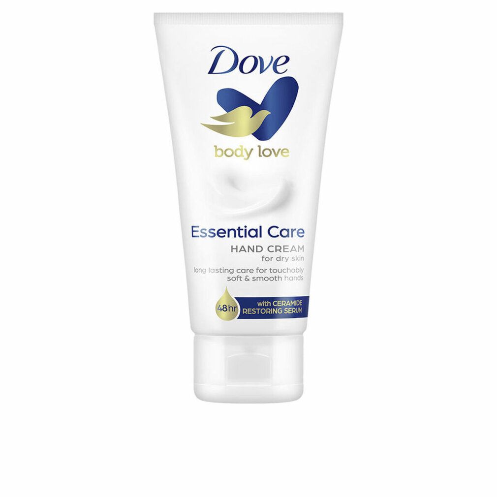Tubo bianco con logo Dove e scritta 'Essential Care Hand Cream'. Contiene ceramidi e siero riparatore. Per pelli secche.