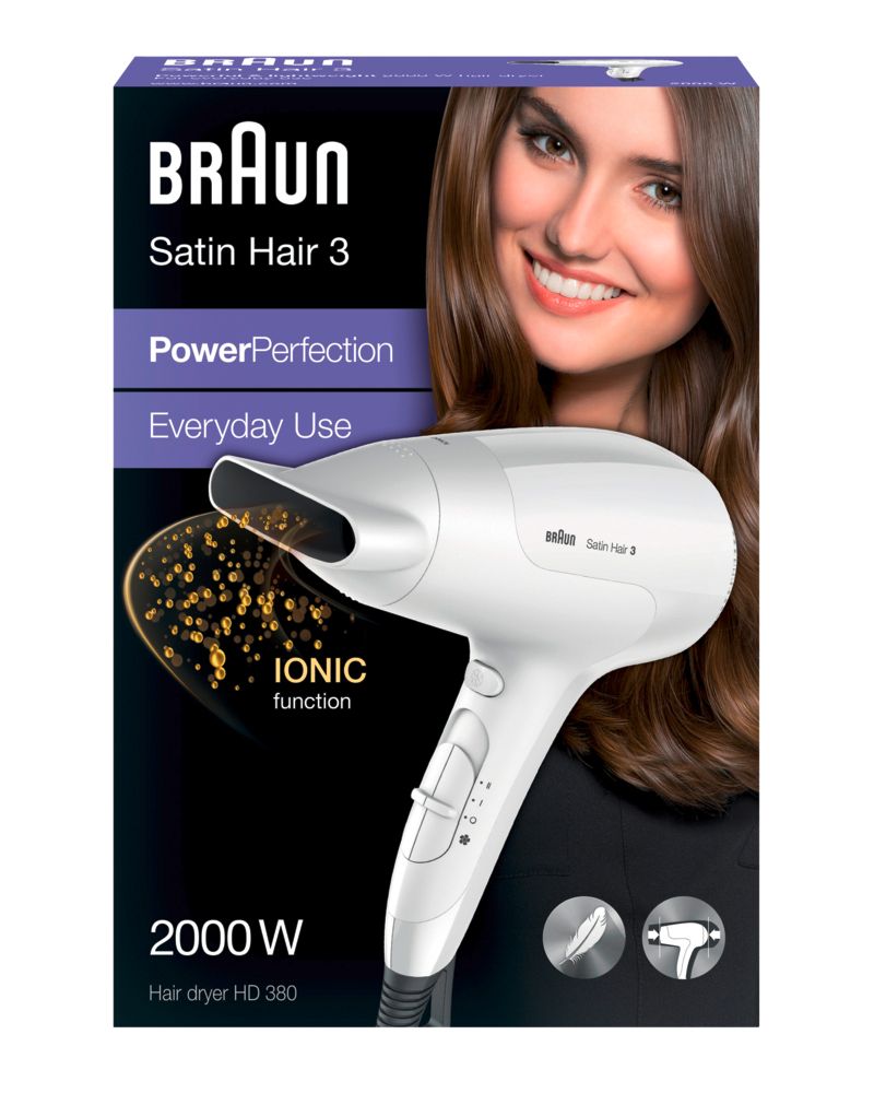 Confezione prodotto con asciugacapelli. Marchio Braun, modello Satin Hair 3. Scritta: PowerPerfection, funzione Ionic, 2000W.