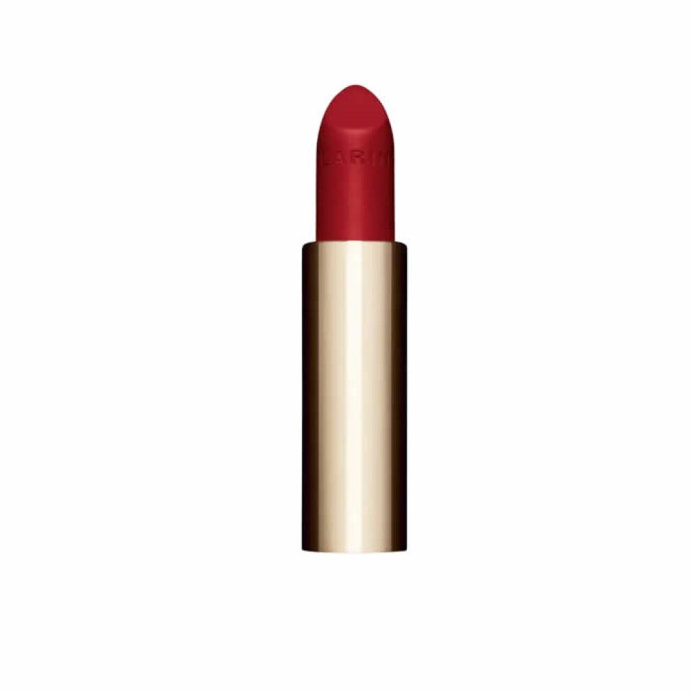 Rossetto rosso in astuccio dorato. Visibile il marchio Clarins. Il rossetto è aperto.