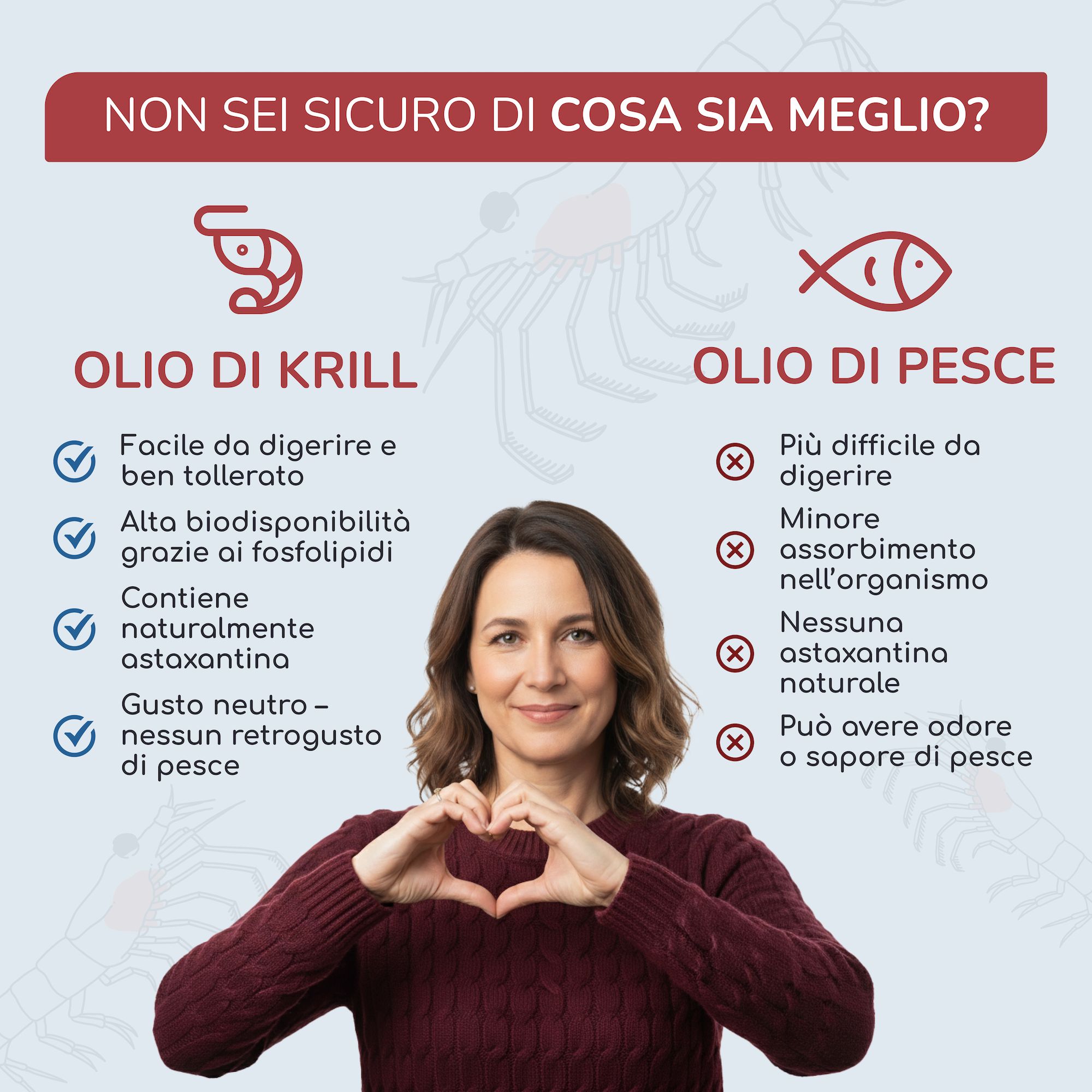 Confronto olio di krill e olio di pesce. Donna forma un cuore con le mani. Olio di krill: facile da digerire, astaxantina.