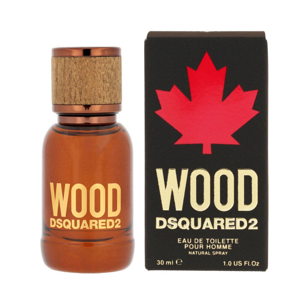 Flacone marrone e confezione nera. Scritta dorata: WOOD DSQUARED2. Foglia d'acero rossa. 30 ml, Eau de Toilette.