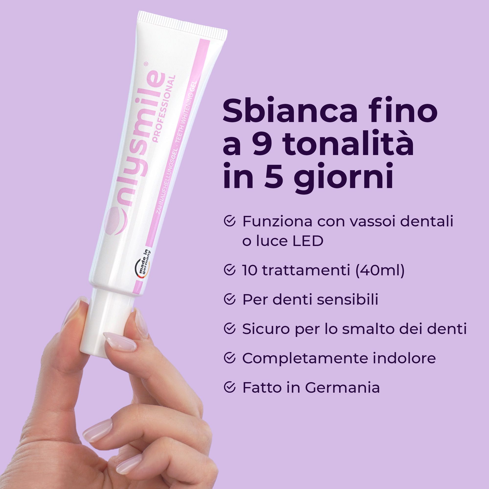 Tubo di gel sbiancante. OnlySmile Professional. Fino a 9 tonalità in 5 giorni. Fatto in Germania.
