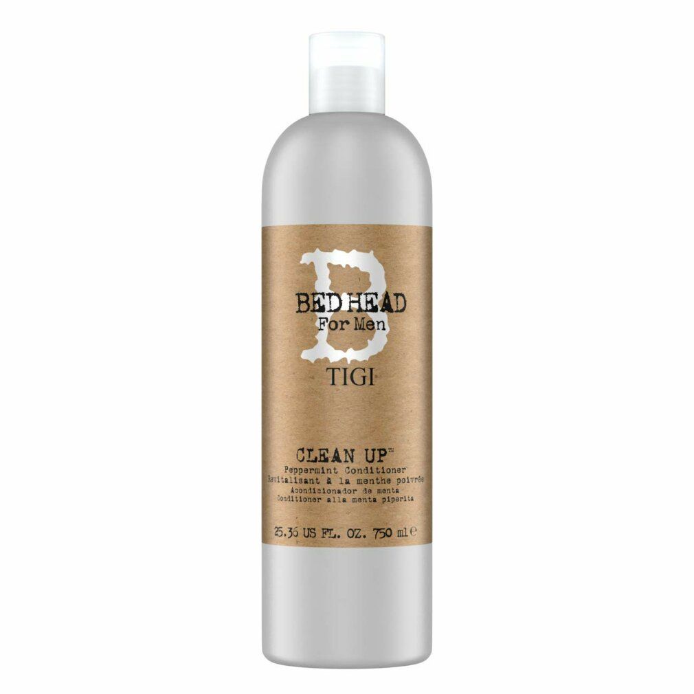 Flacone argentato con etichetta marrone. Scritta: Bed Head For Men, Clean Up Peppermint Conditioner. 750 ml.