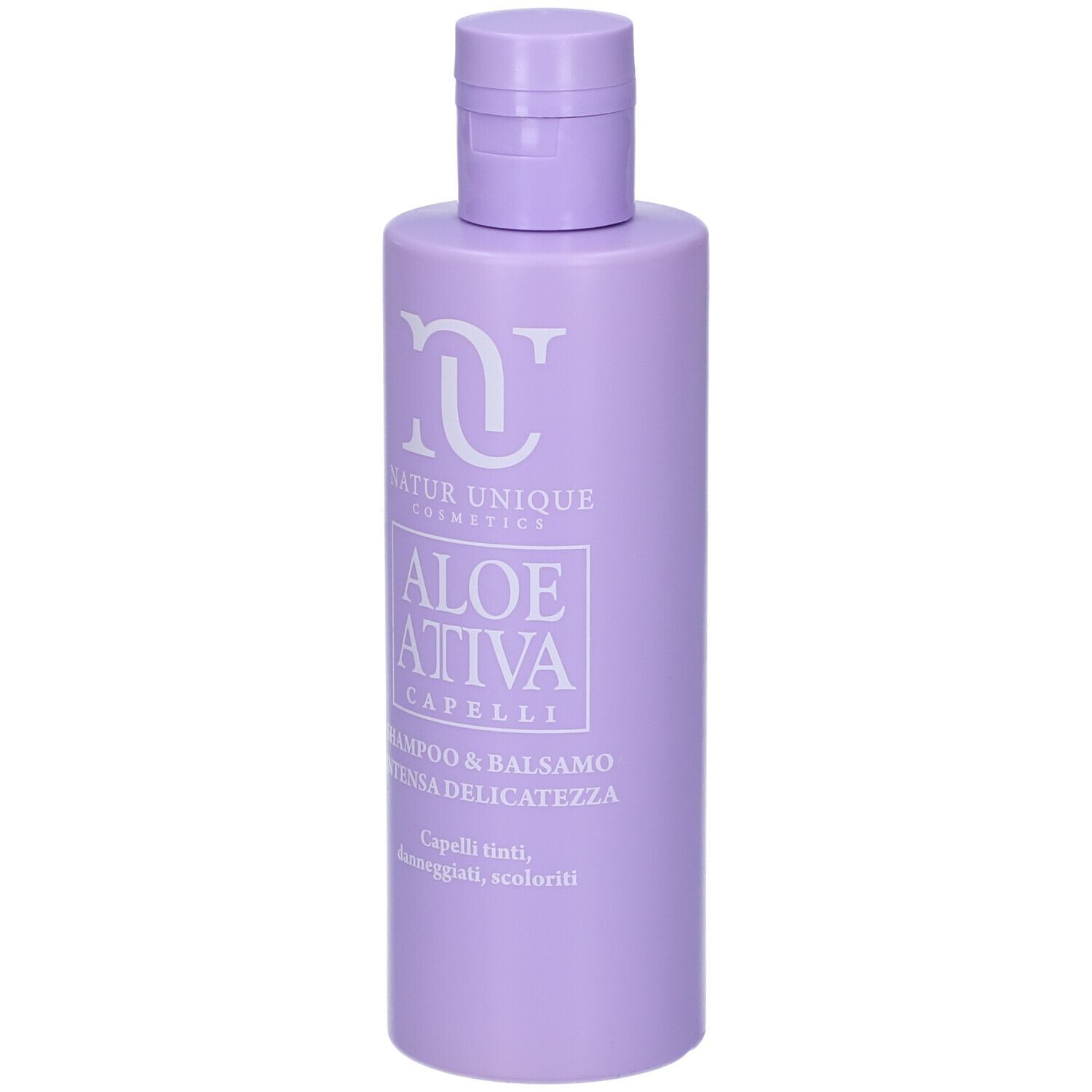 Flacone di shampoo & balsamo viola. Scritta: Natur Unique Cosmetics, Aloe Attiva Capelli, Intensa Delicatezza. Per capelli colorati, danneggiati.