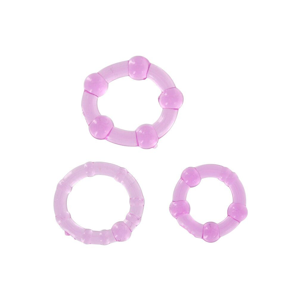 Tre anelli per il pene viola. Diverse dimensioni e design. Forma rotonda con elementi in rilievo.