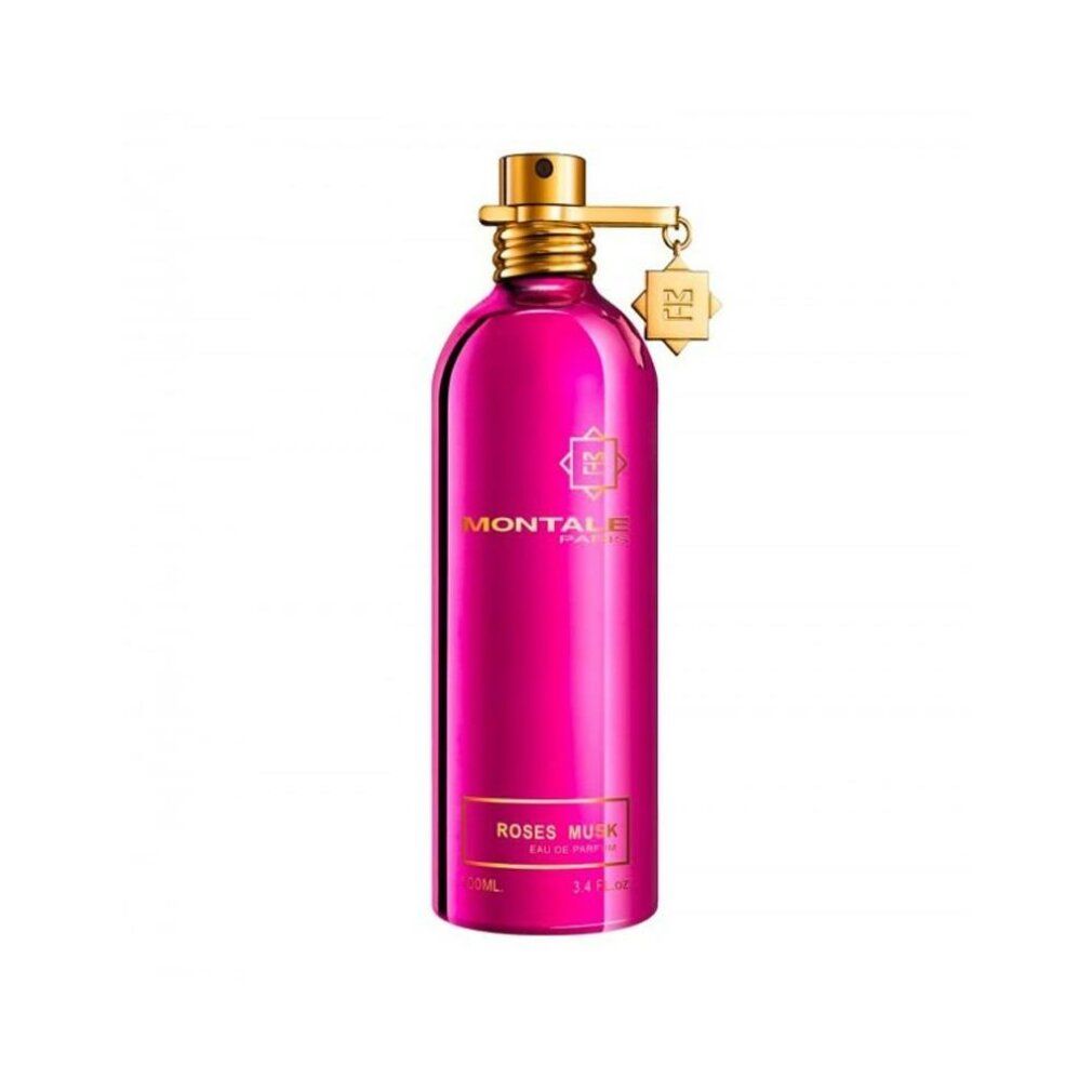 Flacone di profumo rosa con tappo e ciondolo dorati. Scritta: MONTALE PARIS, ROSES MUSK.