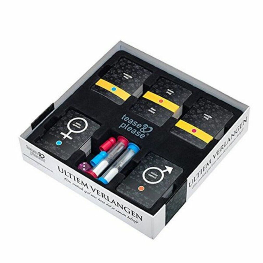 Scatola di gioco aperta con carte, clessidre e pedine. Scritta 'Ultiem Verlangen'.