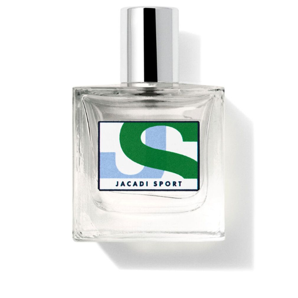 Flacone quadrato in vetro con tappo argentato. Etichetta con logo verde e blu e scritta JACADI SPORT.