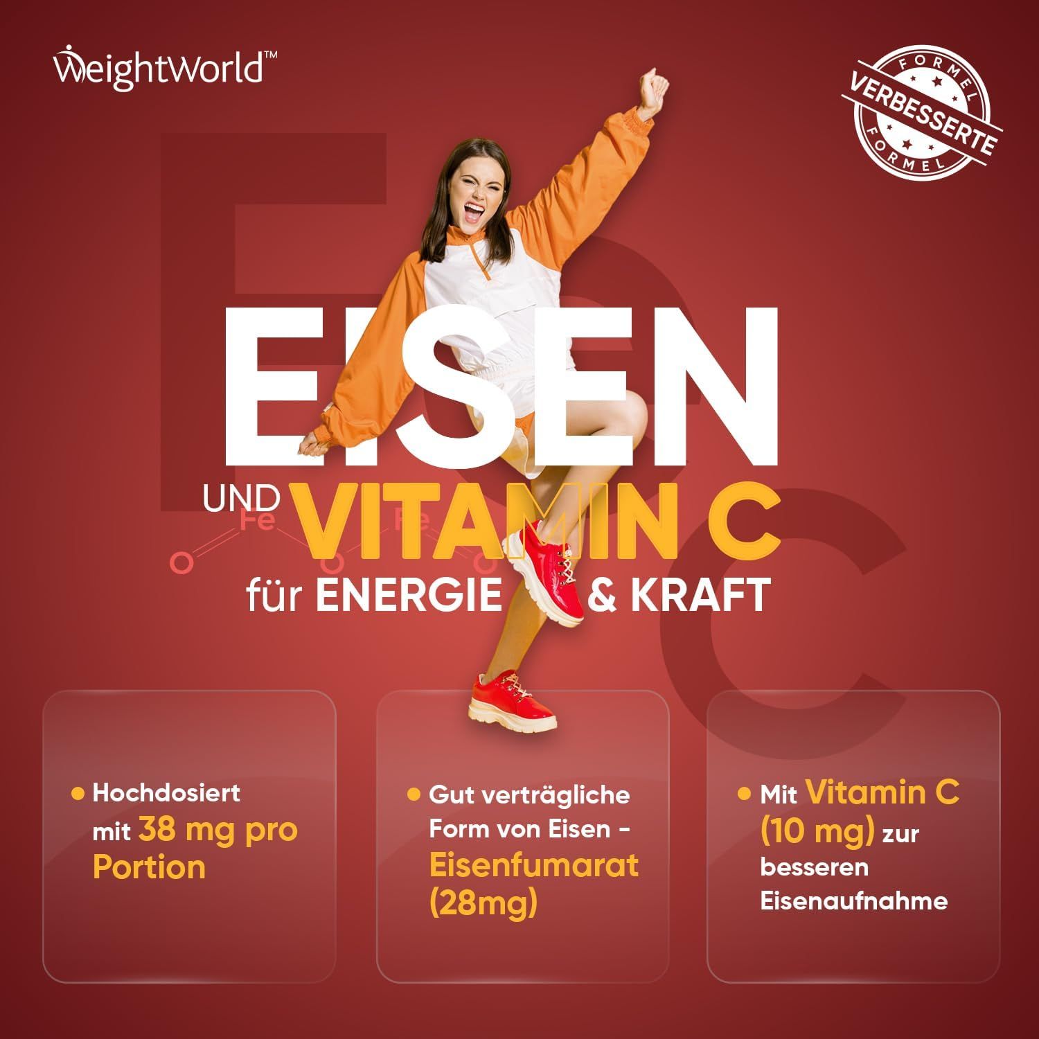 WeightWorld Ferro & Vitamina C per energia e forza. 38 mg per porzione. Ben tollerato. 10 mg di vitamina C.
