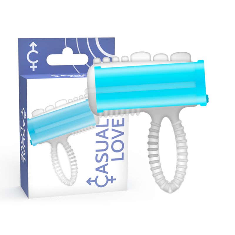 Un vibratore con cilindro blu e anello bianco, accanto alla sua confezione.