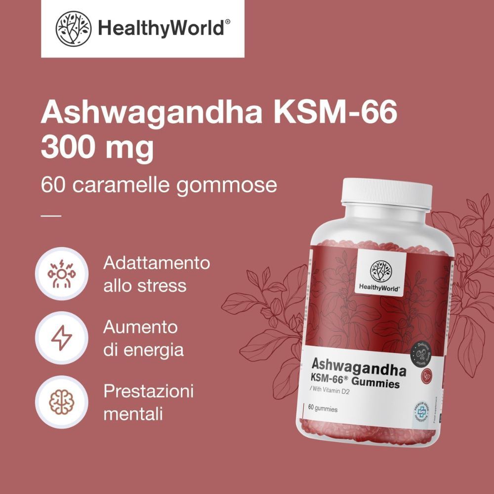 Flacone Ashwagandha KSM-66 Gummies. Scritta: 300 mg. 60 caramelle gommose. Adattamento allo stress, aumento di energia, prestazioni mentali.