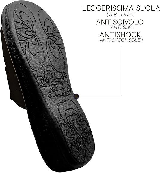 Suola nera con motivo floreale. Testo: 'Leggerissima suola, antiscivolo, antishock'. Taglia 37 visibile.