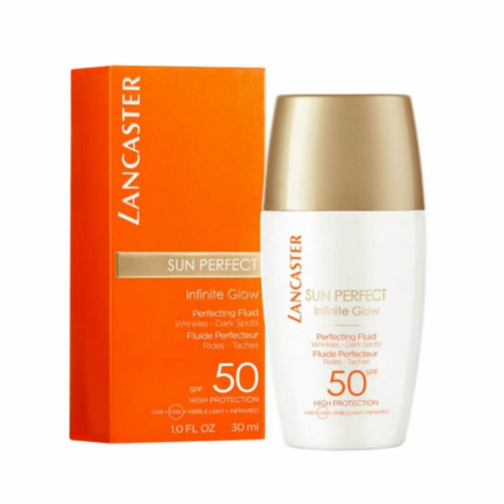 Flacone e confezione. Scritta: Lancaster Sun Perfect Infinite Glow, SPF 50. Prodotto per rughe, macchie. Confezione arancione.